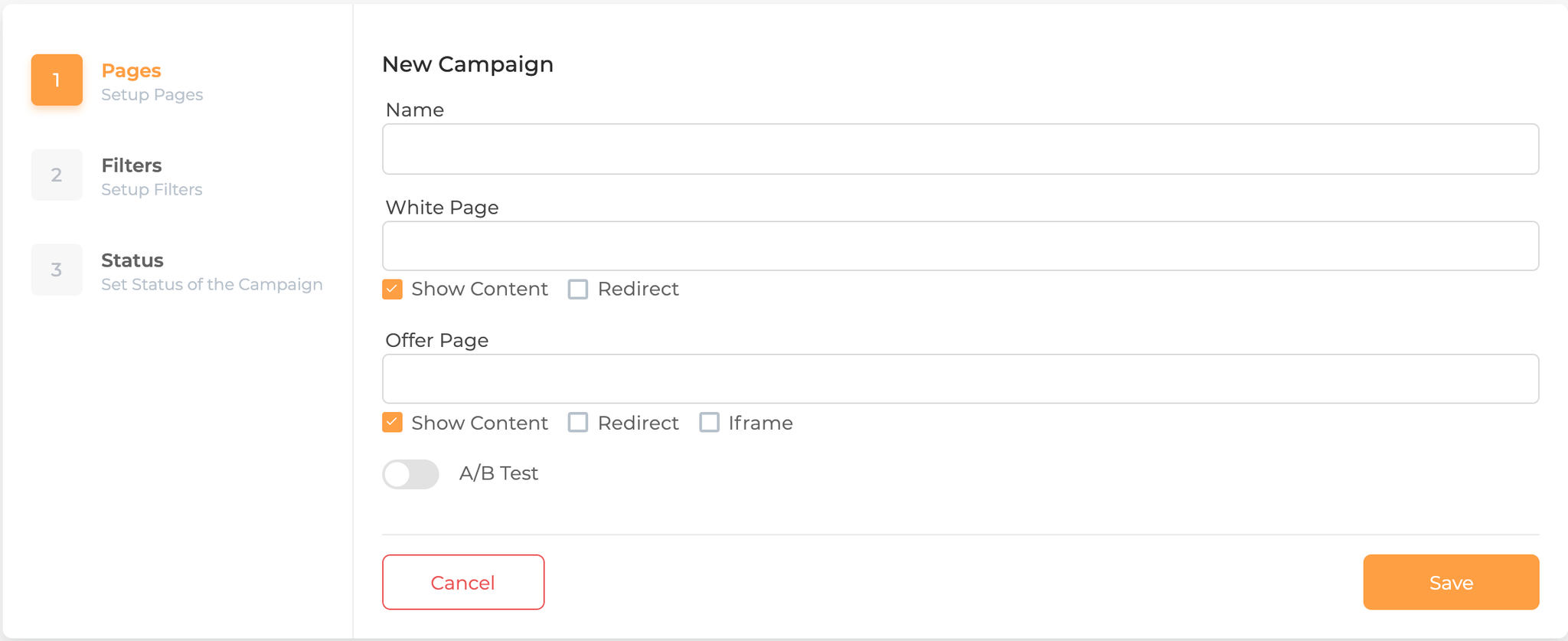 Настройка кампании: Name, White Page, Offer Page